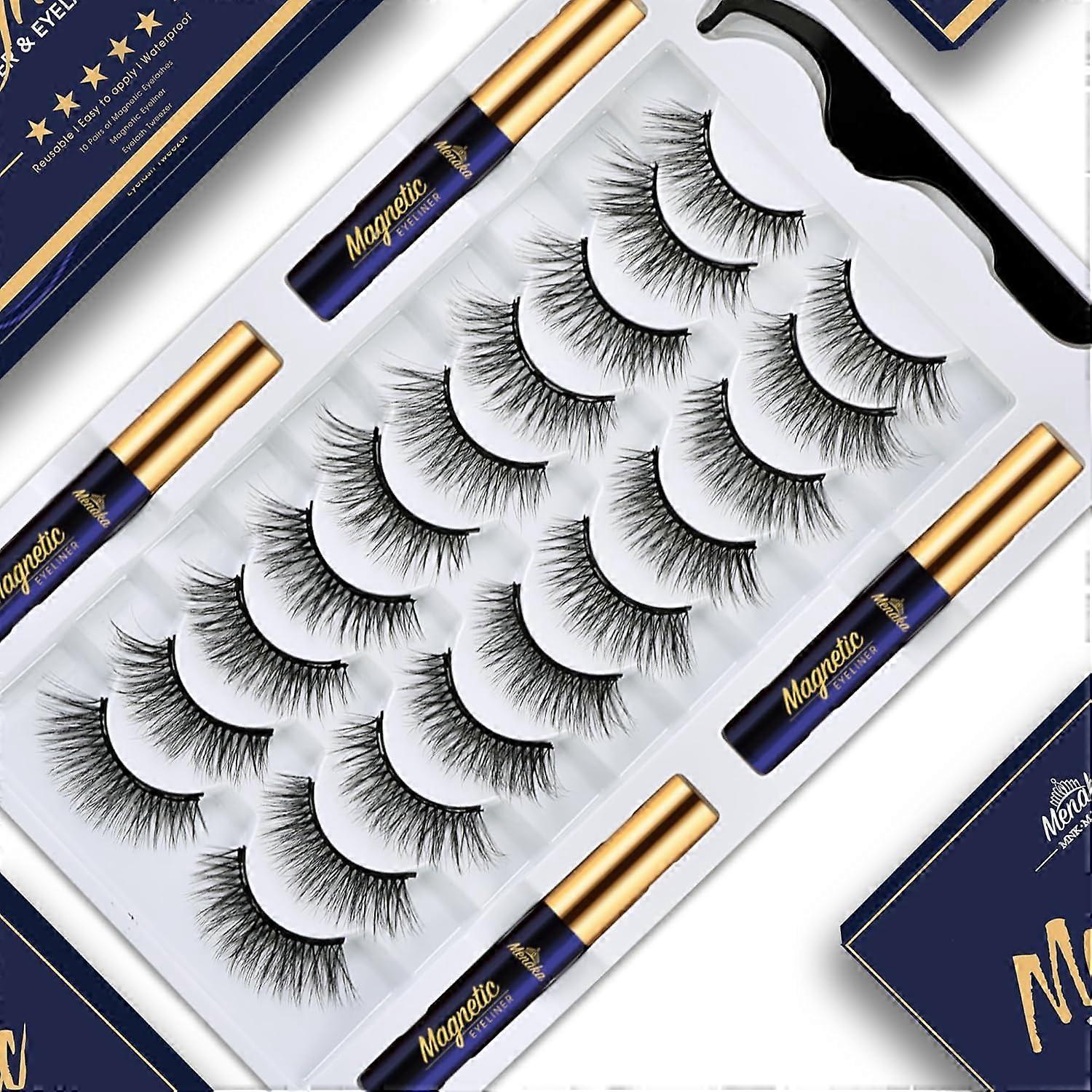 Magnetic eyelashes, natural makeup effect, 10 pairs of 3D magnetic eyelashes set, with mascara applicator, 4 magnetic eyeliners, upgraded strong