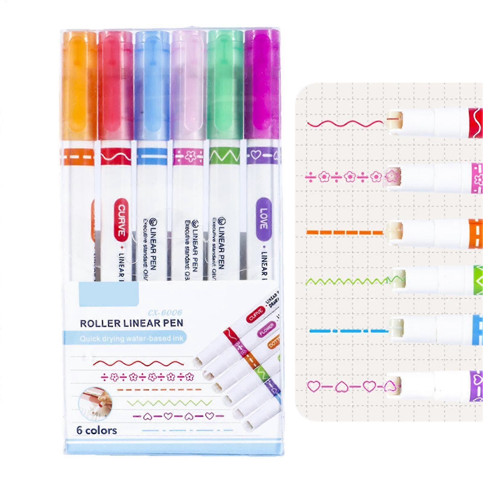 Colored Curved Pens  Curved Highlighter, Double Tip Marker Pen with 6 Different Curved Shapes  Multifunctional Scrapbooking Accessories, E Marker