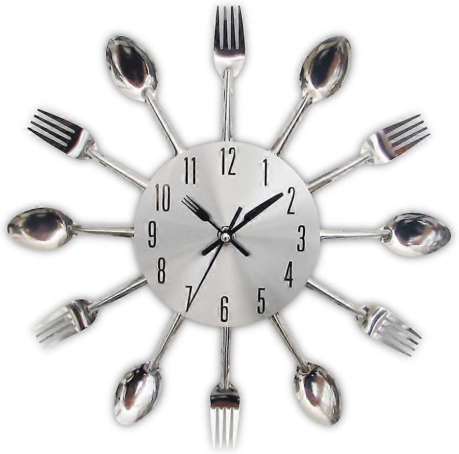 Mirror Effect Kitchen Clock with Spoon Fork 3D Removable Sticker for Home Decor 32*32*4CM Metallic Silver