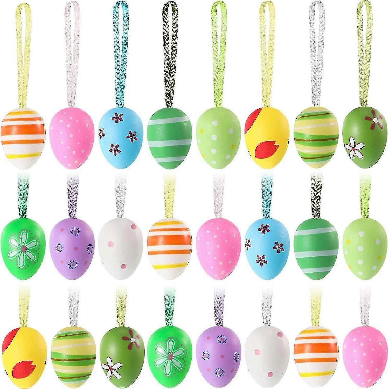 24 Pieces Random Style Easter Hanging Eggs Colorful Easter Eggs Hand Painted Hanging Ornaments for Home Party Decorations, Random Style