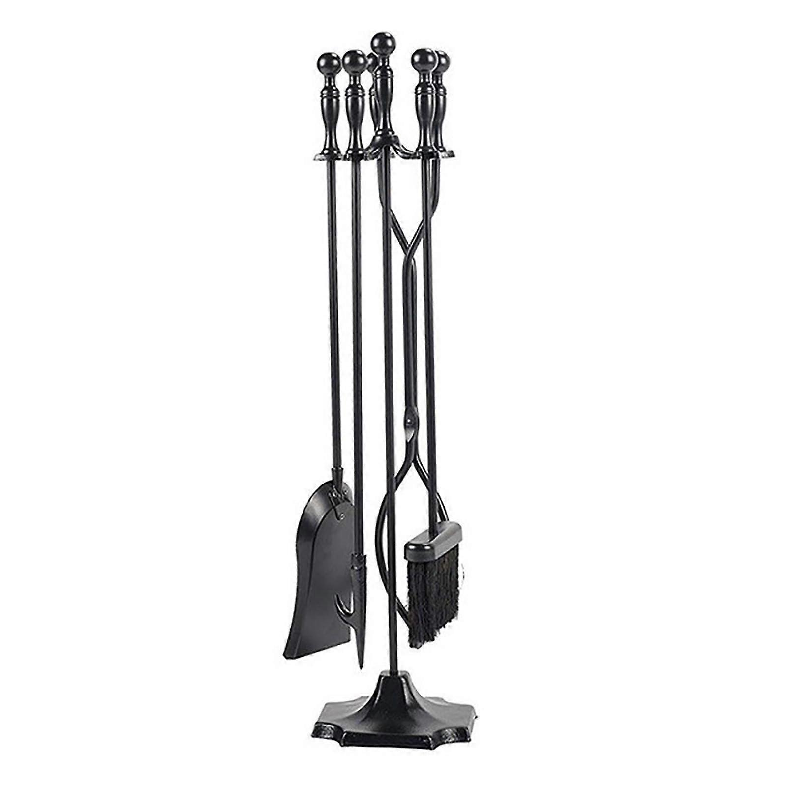 5 Pcs Black Wrought Iron Fireplace Tools Set With Ergonomic Ball Handles For Outdoor Fire Pit Stand And Holder
