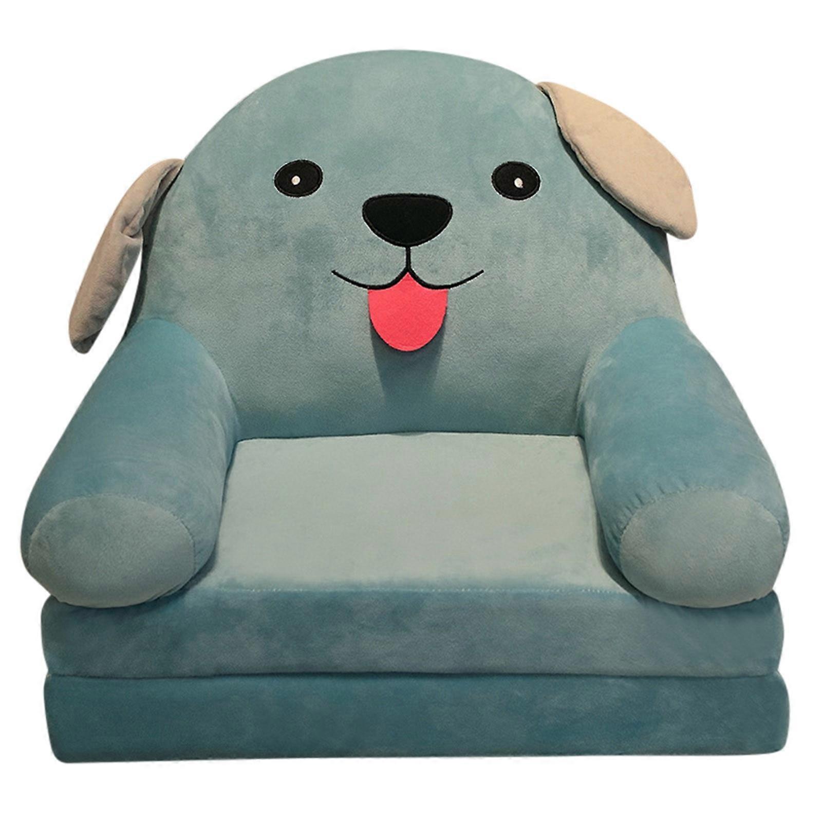 2-in-1 Foldable Kids Sofa Bed, Plush Cartoon Armchair with Backrest, Cute Lazy Sofa for Living Room Bedroom (Blue)