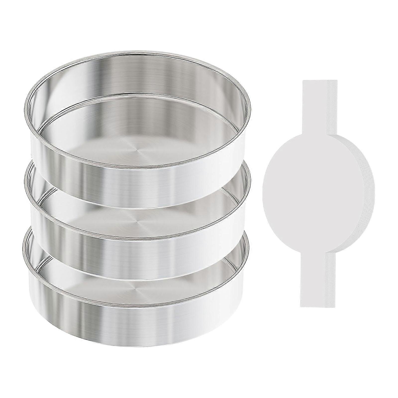 Nonrust Steel 8inch Baking Pan Set of 3 Commercial Quality Cake Molds Includes 100 Precuts Parchment Sheets for Easy Releases Multicolor