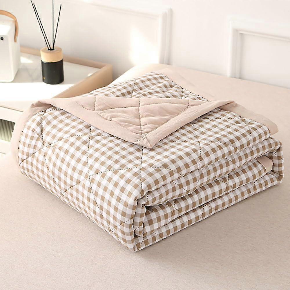 Quilted Bedspread with Cotton Filling, Reversible Check Throw for All Seasons, Khaki 200x230cm