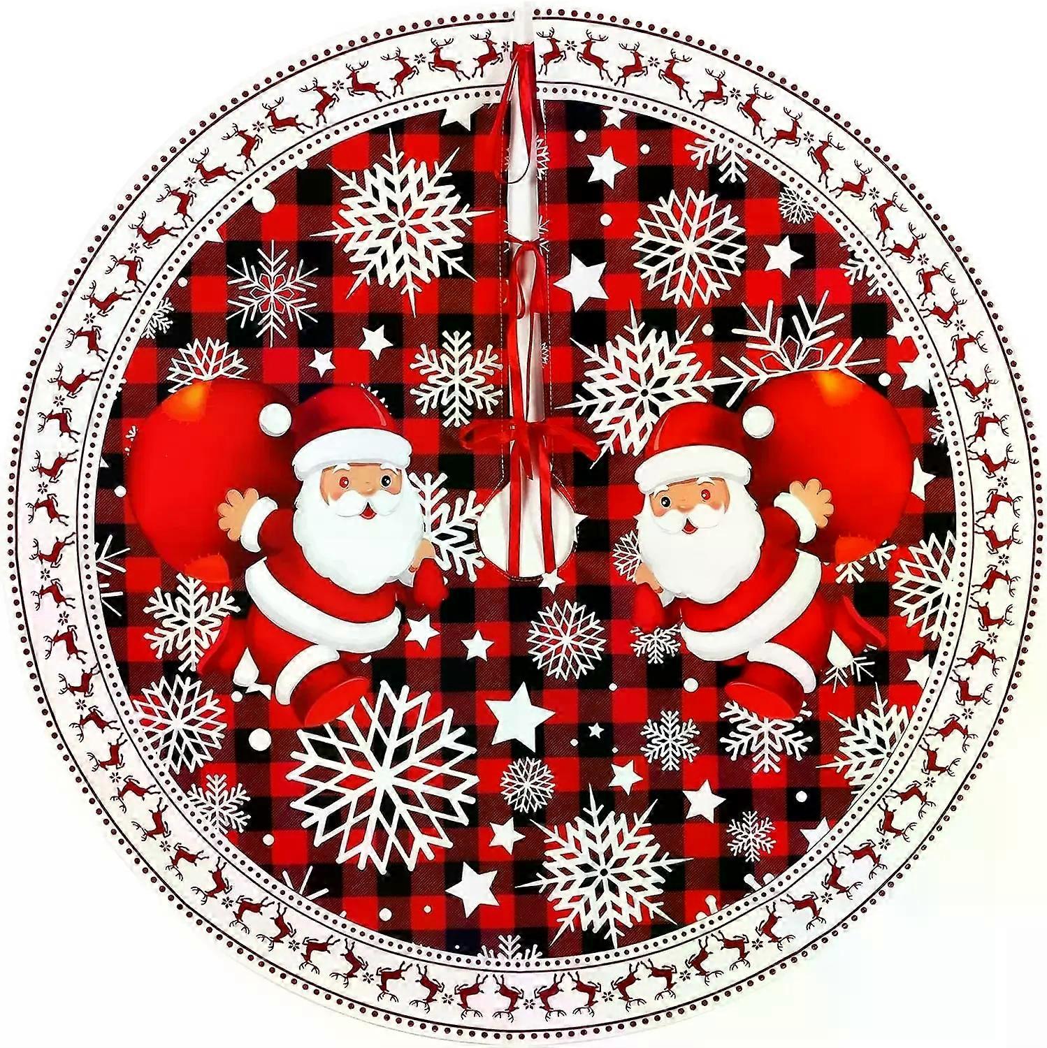 Saia de árvore de Natal vermelha com flocos de neve, Papai Noel e borda xadrez vermelha e preta com renas. Decoração natalina rústica vintage.