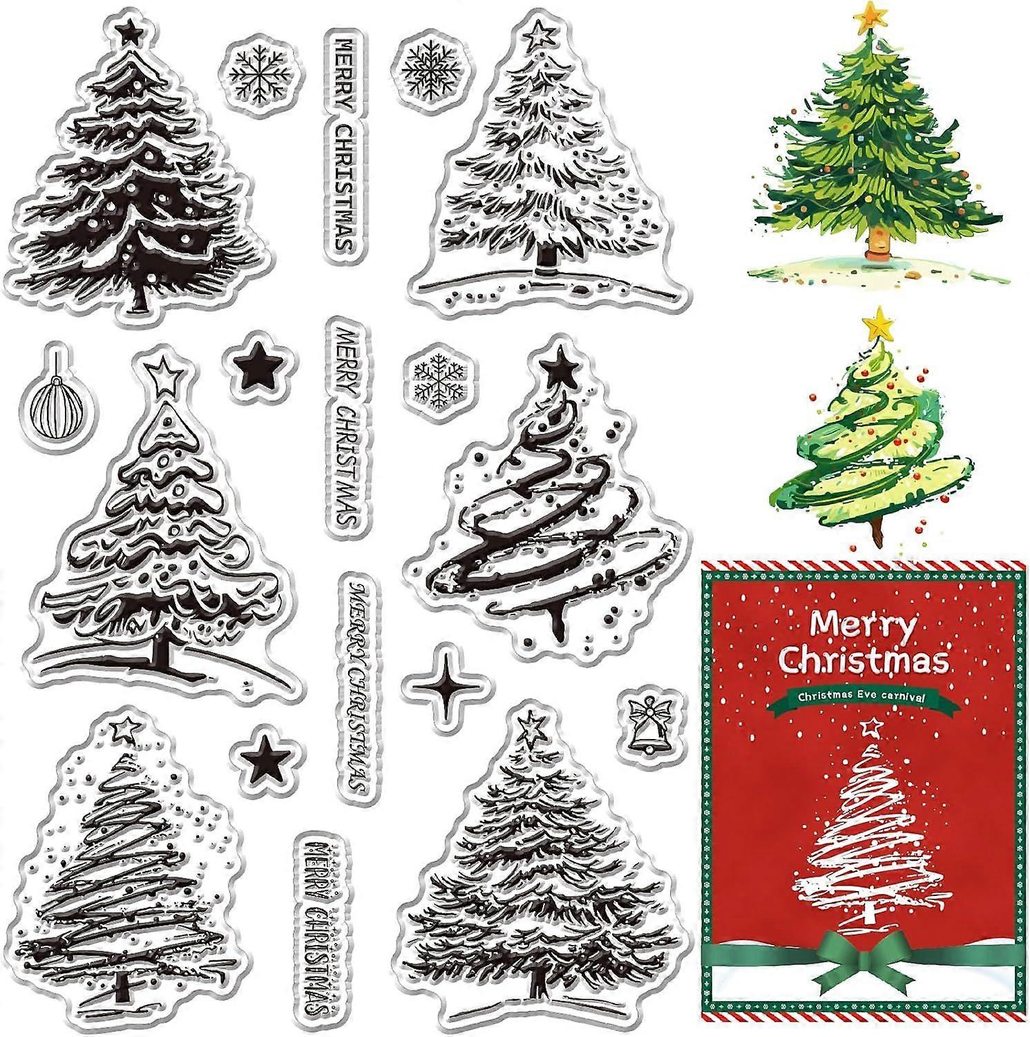 Merry Christmas Clear Stamp for Card Making Pine Trees Forest Woods Snowflake Greeting Background Silicone Transparent Rubber Stamps Grove Seal DIY Sc