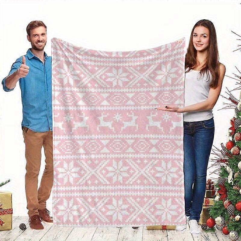 Pink Christmas Reindeer Print Flannel Blanket - Soft Polyester Throw with Festive Snowflake & Geometric Patterns - Cozy -EDFGH269
