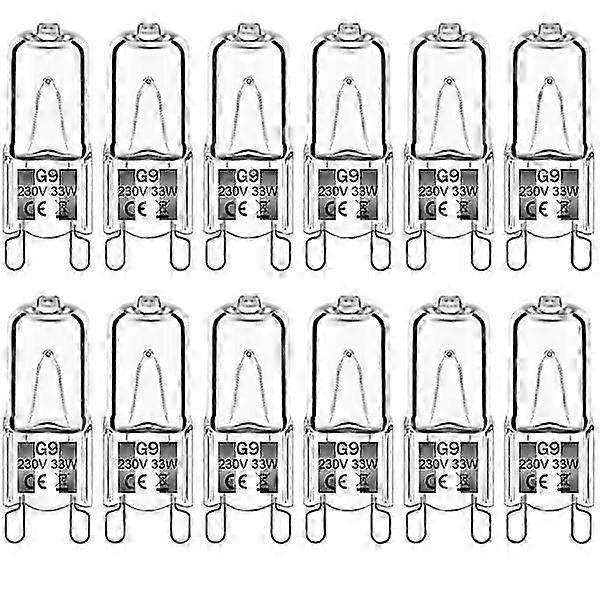 12 قطعة من مصابيح الهالوجين G9، 33 وات، 230 فولت، 2800 كلفن، أبيض دافئ، 380 لومن، مصابيح هالوجين شفافة كبسولة، قابلة للتعتيم، بدون وميض، بدون وميض