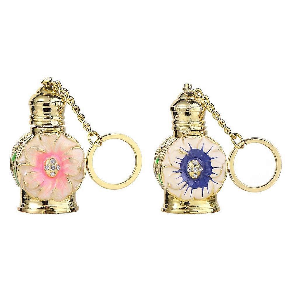 2Pcs Vintage Alloy Glass Perfume Bottle Elegant Floral Rhinestone Design Refillable Essential Oil Container 3ml with Keychain