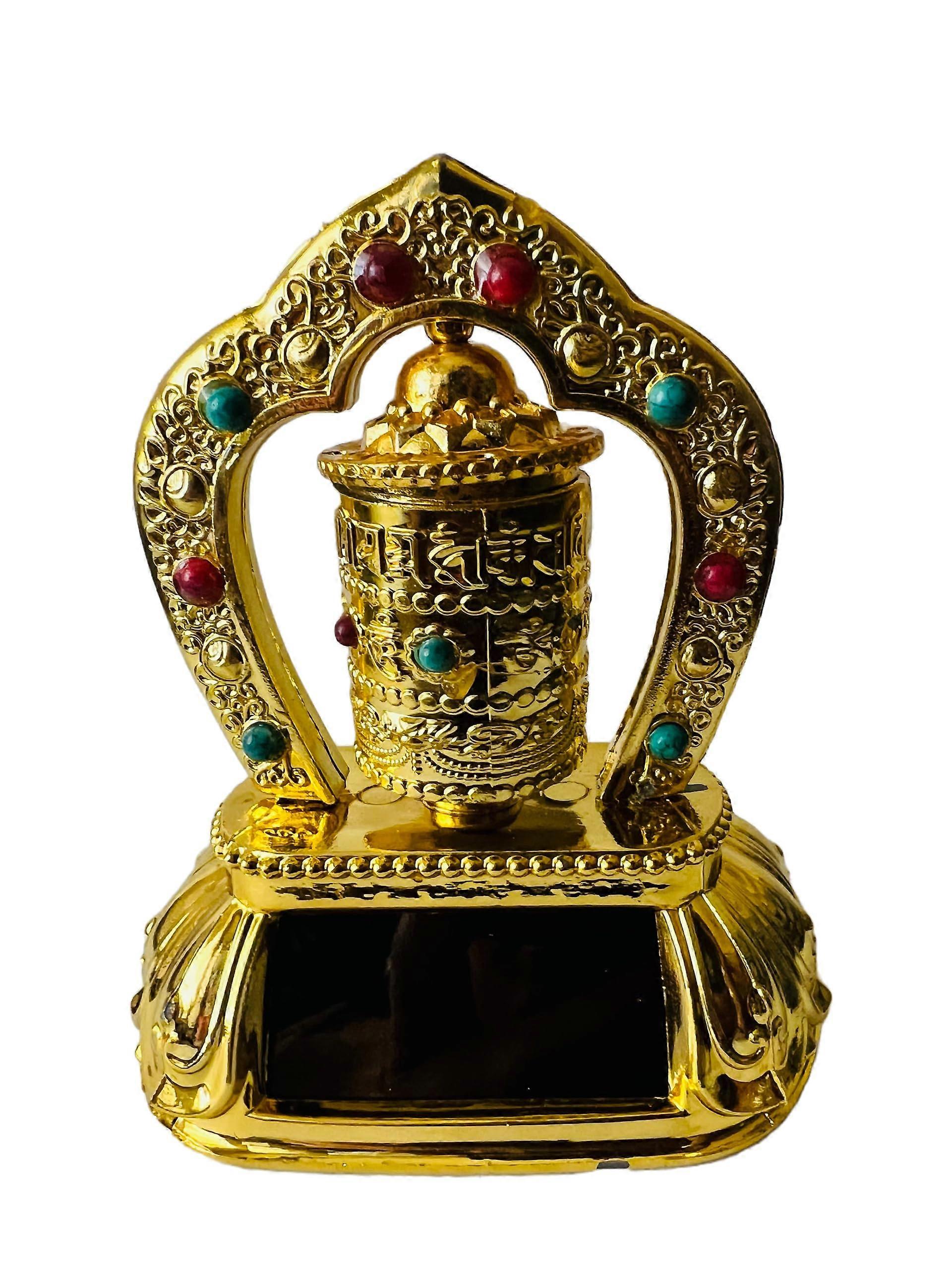 Solar Powered Tibetan Car Prayer Wheel Golden Cylindrical Dashboard Decor with Continuous Blessing Motion