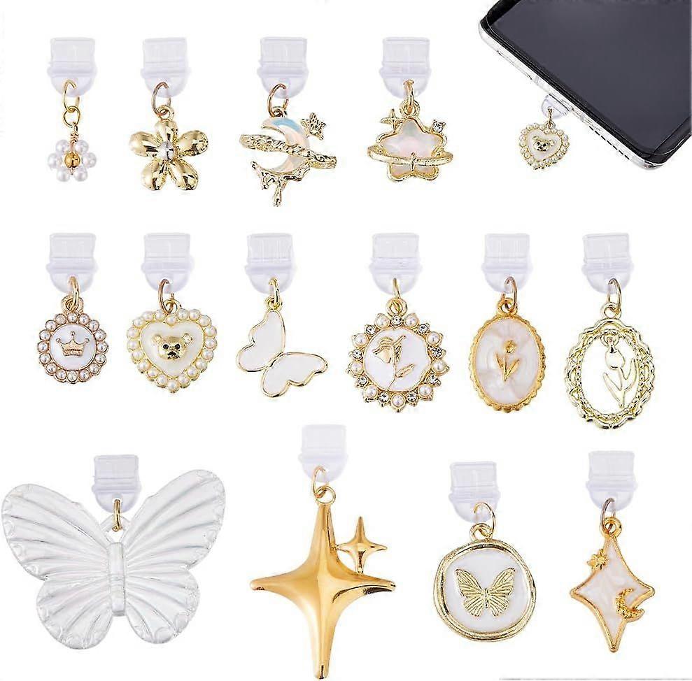 14 Styles Dust Plug Charms Alloy Enamel Anti-Dust Plugs Charms Flower Butterfly Star USB C Charm Charging Port Protector Type C Protector Cap with Cut