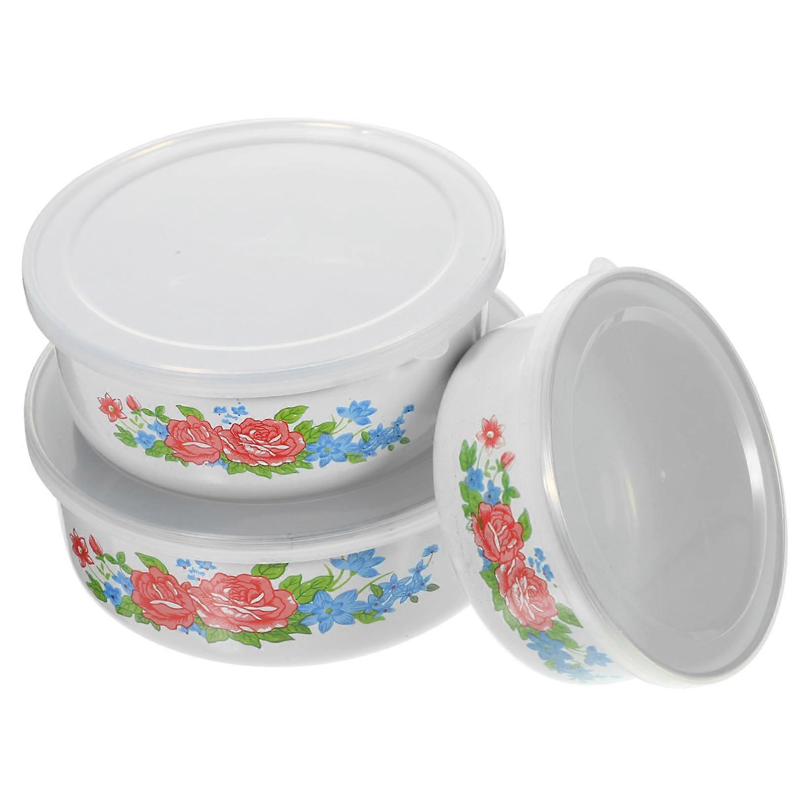 3pcs Enamel Storage Bowls with Lids, ChipResistant Retro Design for Salad, Soup, Fruit, Cereal