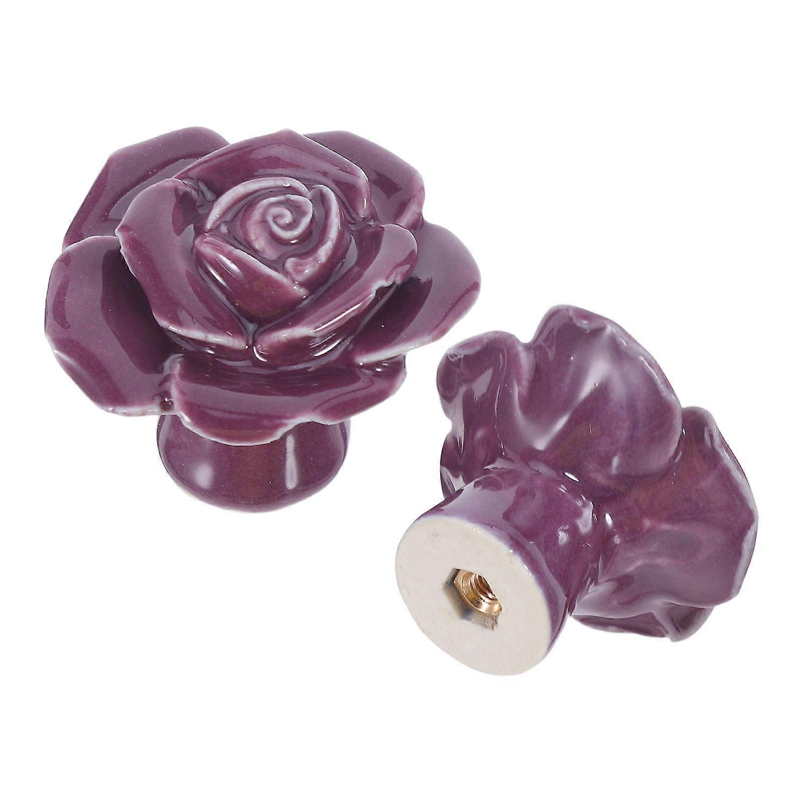 Rose Drawer Knobs Ceramic Pull Handle for Cabinet Door 2Pcs Purple