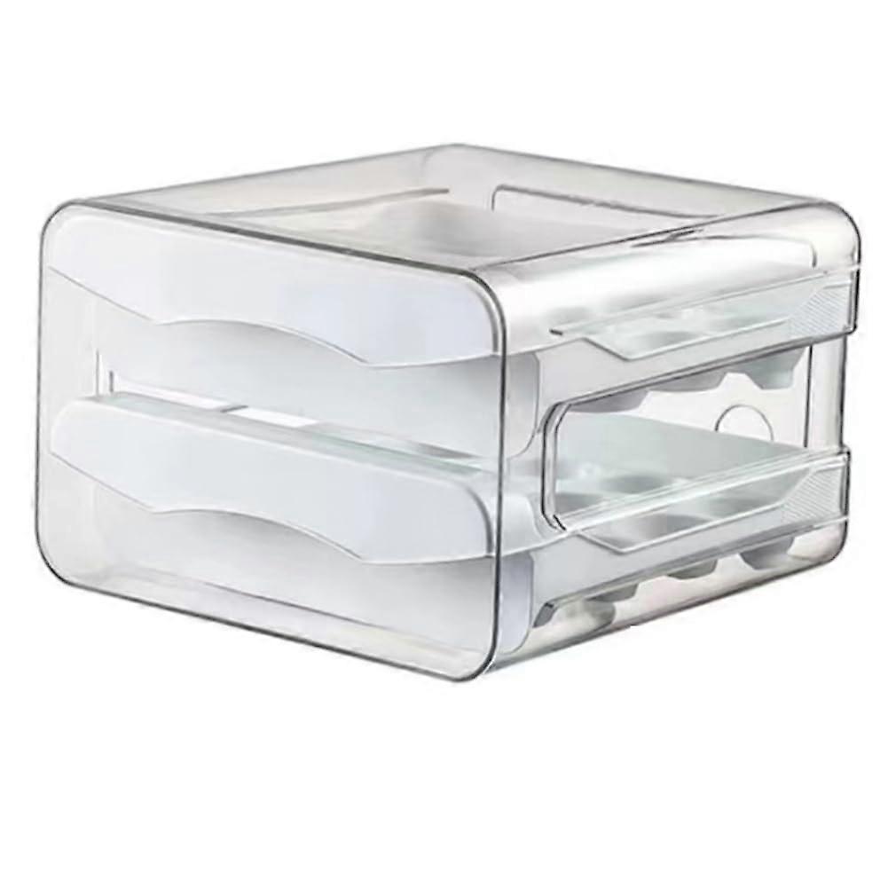 2Layer Egg Storage Box with Sliding Drawer, Large Capacity FreshKeeping Refrigerator Holder White