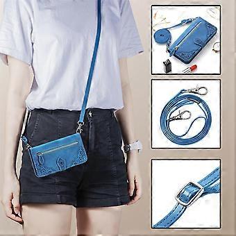 Case For Iphone 13 Pro Max Blue Leather Extra Long Crossbody Lanyard Zipper Bag No14060