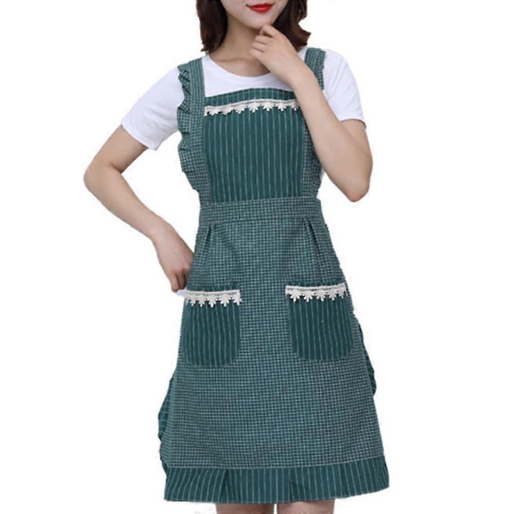 Green Cotton Kitchen Apron with Pockets for Women, Adjustable Straps, Baking and Cooking