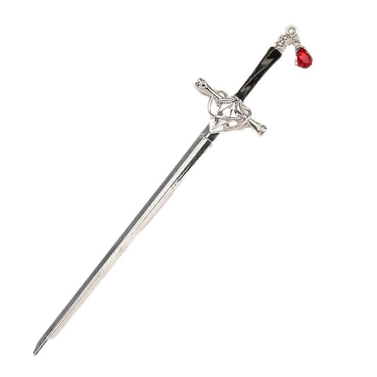 Gothic Silver Sword Hair Pin with Ruby Gemstone for Bun and Updo