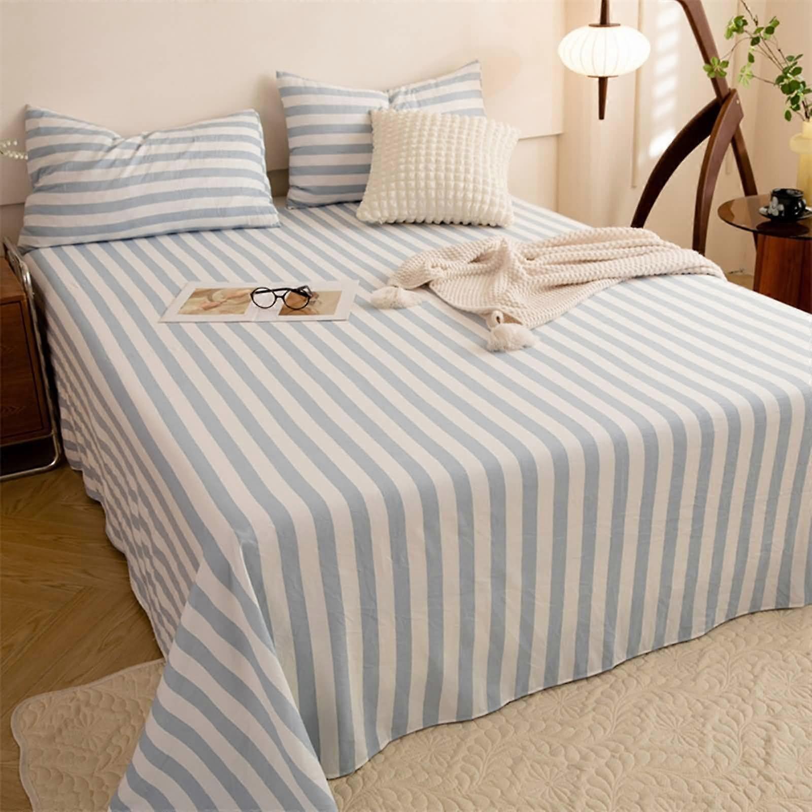Super King Light Blue Flat Bed Sheet Soft Comfortable Fabric Fade Resistant Elegant Striped Design