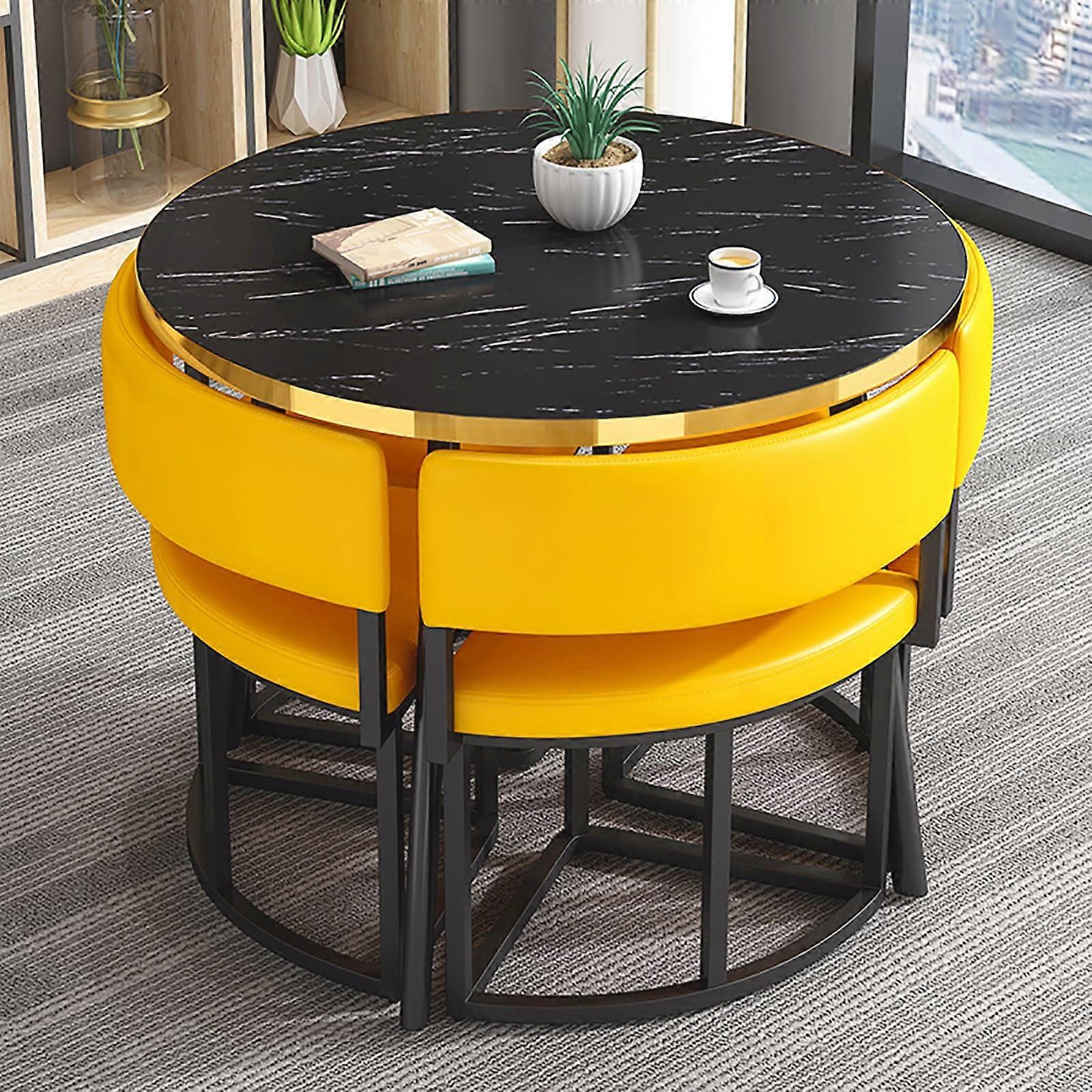 Yellow Round Dining Table Set for 4 with SpaceSaving Chair Storage and MoistureResistant Tabletop