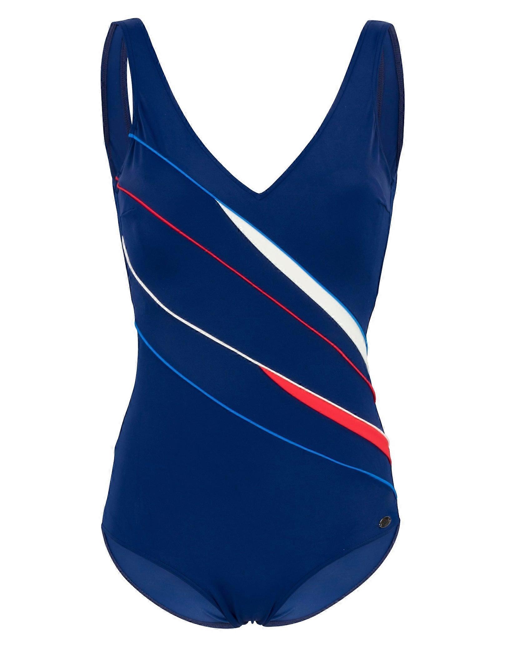 Fashy Panel V-back Swimsuit - Navy/Red/White