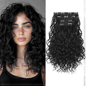 Lot de 4 extensions de cheveux bouclés à clips, noir naturel, 40 cm de long, cheveux synthétiques bouclés, extensions douces pour femmes (4 pièces, 40 cm, 1B#)