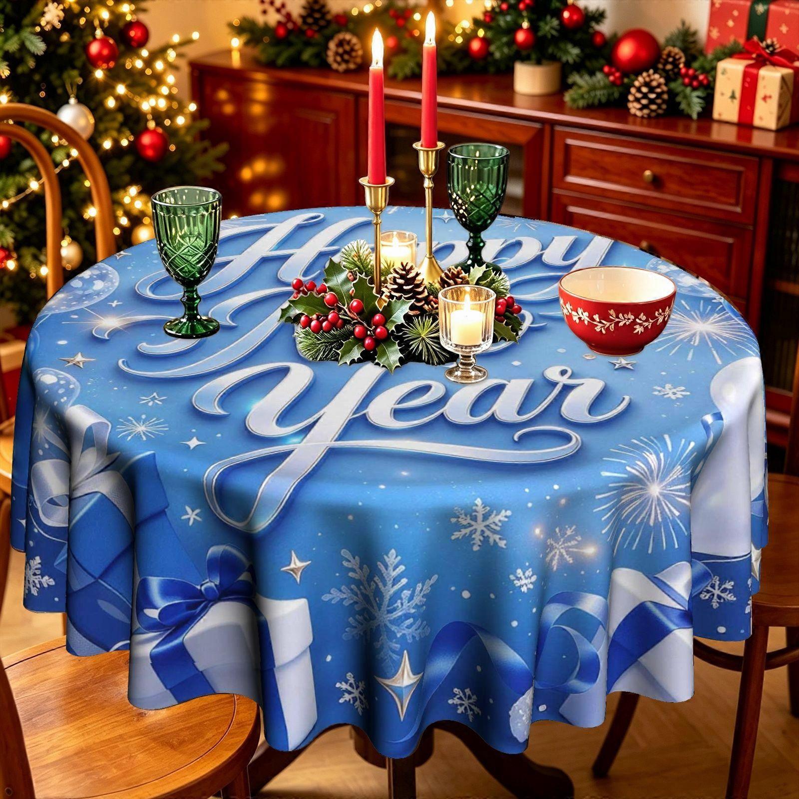 Happy New Year Blue Script Snowflake Tablecloth