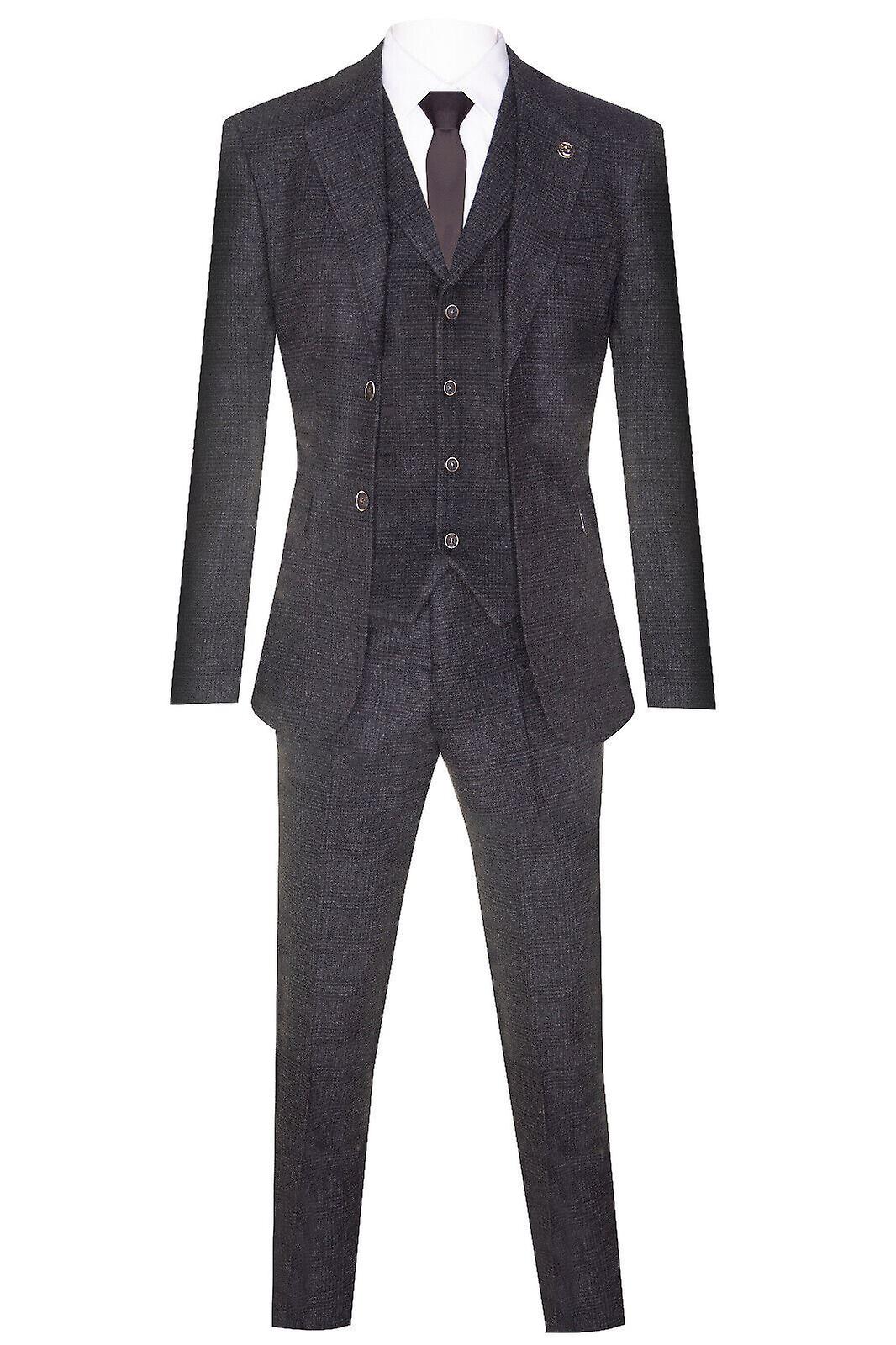 TruClothing STZ11 - Traje 3 Piezas Peaky Blinders Textura De Espiga Lana Vintage Ajustado Azul - Gris Oscuro, 36UK/US & 46EU-Jacket, 30-Pants