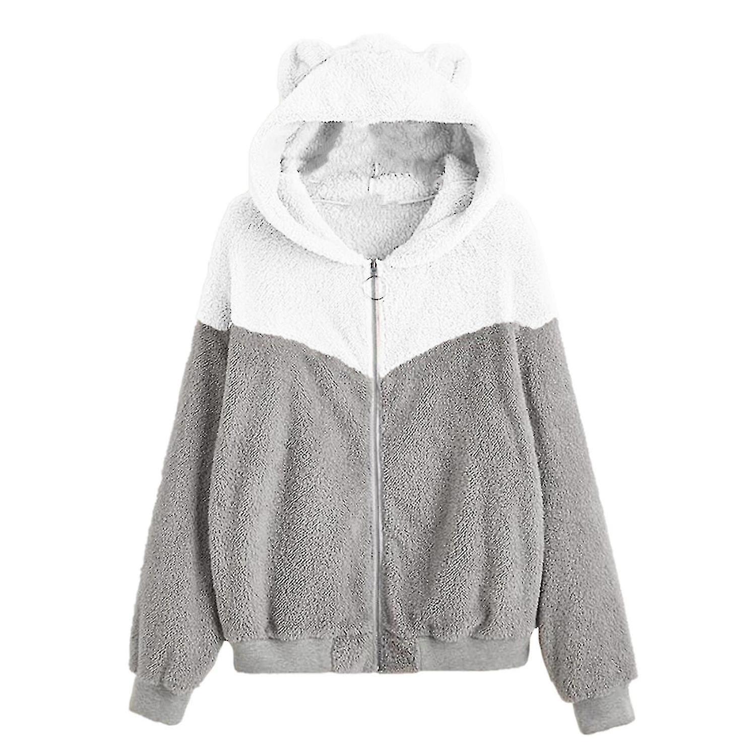 Donne inverno peluche felpa cerniera foderata felpa giacca carino orso orecchio cappuccio