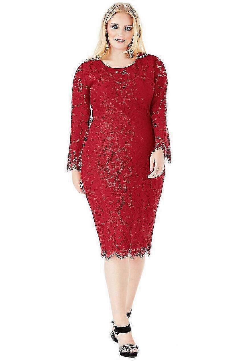 Goddiva Plus Size Lace Full Sleeved Midi Dress Navy 18