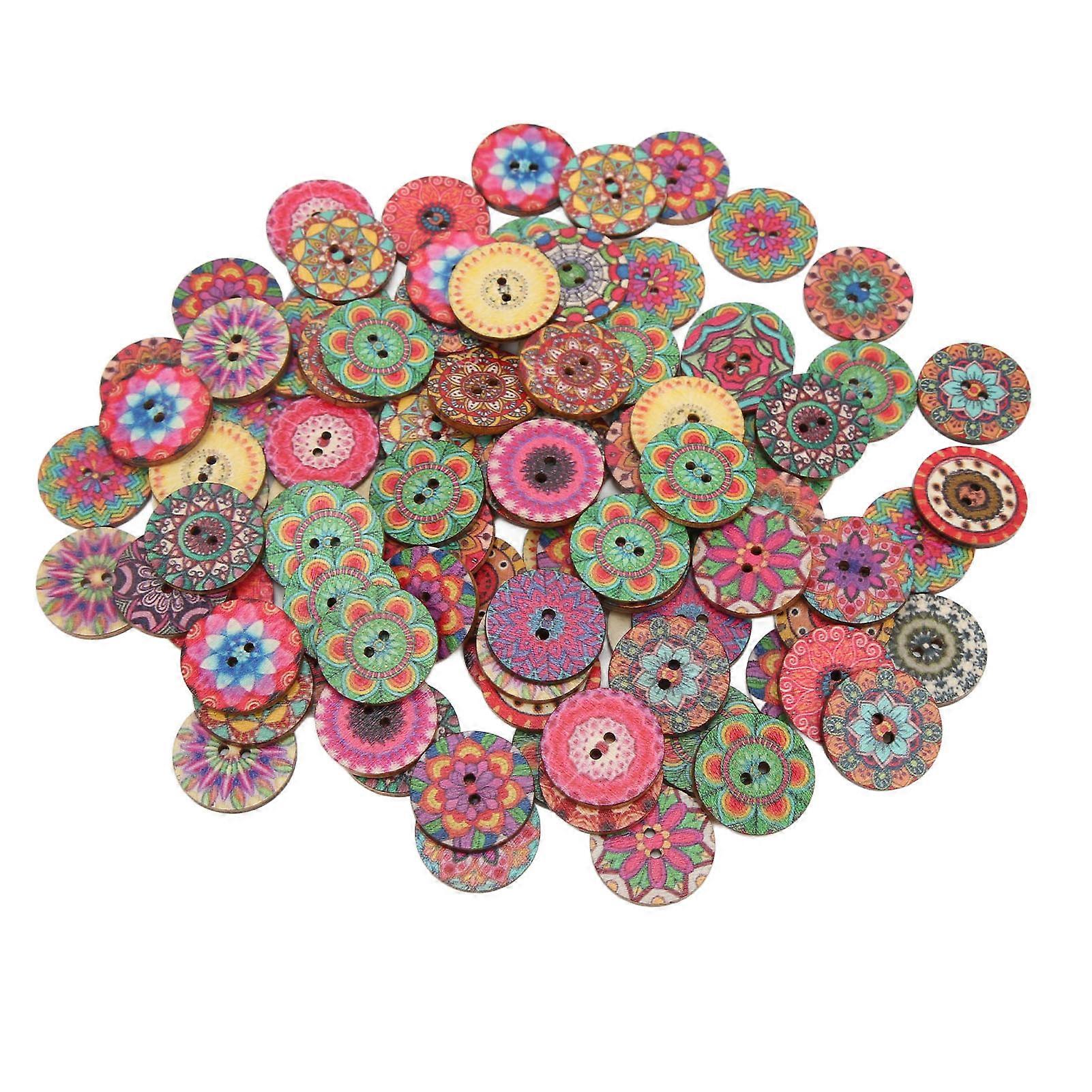 100Pcs 25mm Wooden Buttons Retro Flower Pattern for Sewing