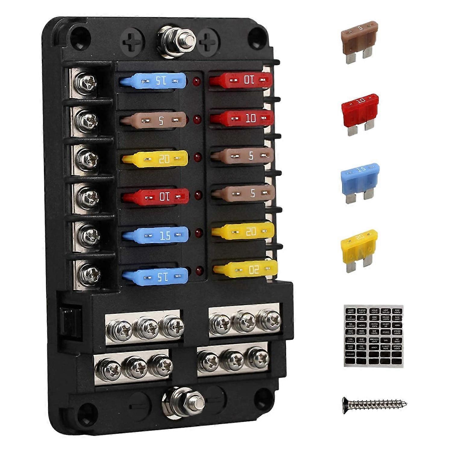 12V 12 Way Marine Fuse Block Fuse Panel with Ground & 12 Volt Fuse Box for Car Automotive Boat RV R