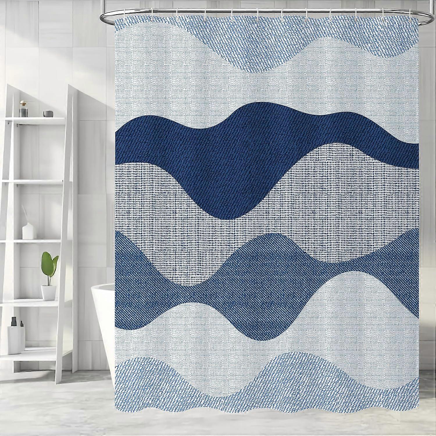 Extra Long Shower Curtain 72x84, Tall Abstract Navy Blue Shower Curtain Set with Hooks, Modern Deep Shower Curtain for Bathroom, Simple Geometric Stri