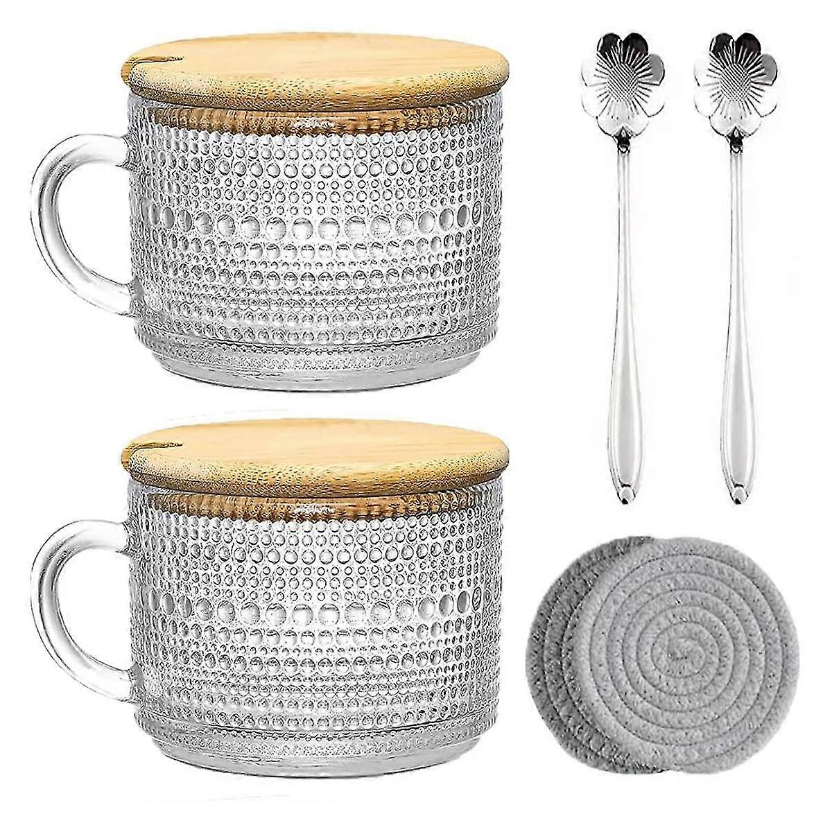 Vintage-Kaffeebecher 2er-Set, Kaffee-Teetassen aus Glas mit Bambusdeckeln, Untersetzer und Löffeln, 15 Unzen klar geprägtes A