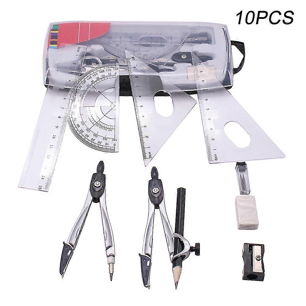 10pcs Geometry Protractor Drawing School Compasses Set Math Eraser For