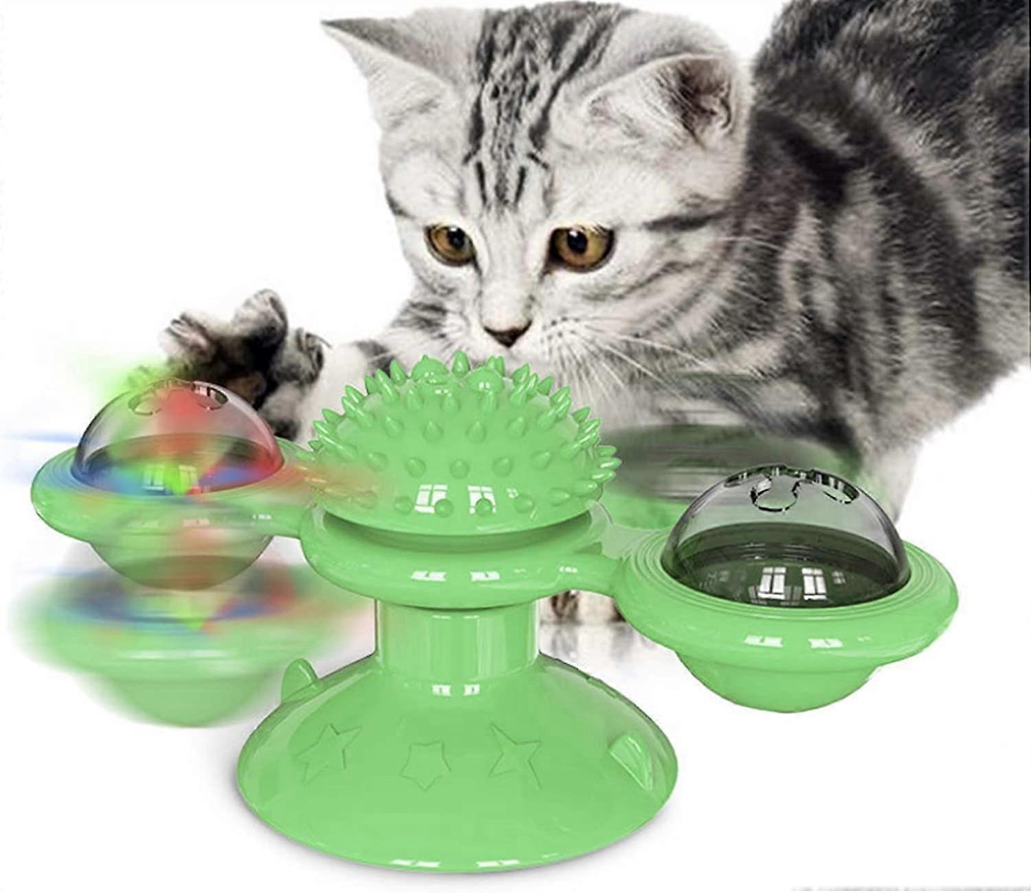 Windmill Cat Toy with Catnip Ball and LED Ball Turntable Teasing Interactive Toys, Funny Kitten Windmill ball Massage Scratch Brush (Color : Green)