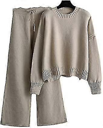 Efterår Vinter Kvinder 2 stk brede benbukser Sæt O halstrøjer Kashmir strikkede træningsdragter Todelt sæt-lian