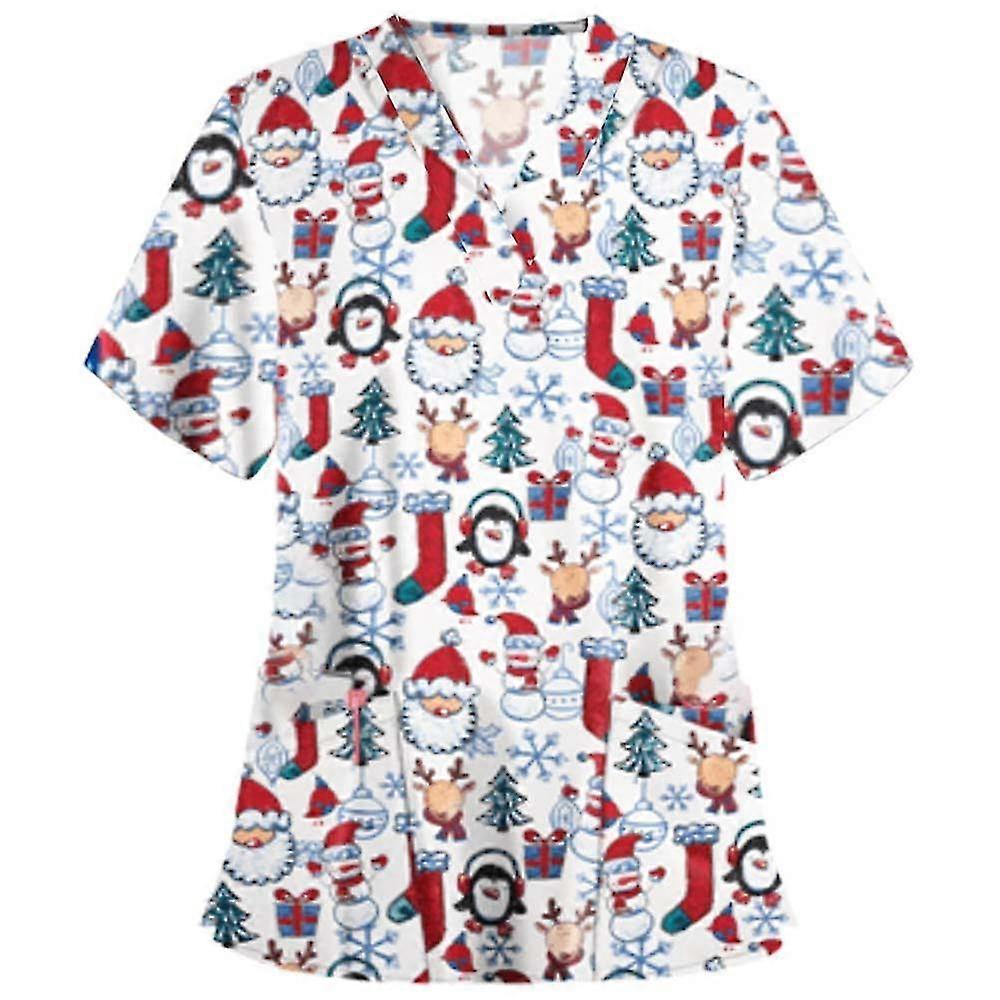 Christmas Women Nursing Uniform Scrub Short Sleeve T-shirt Xmas Blouse Tee Tops(White Penguin)