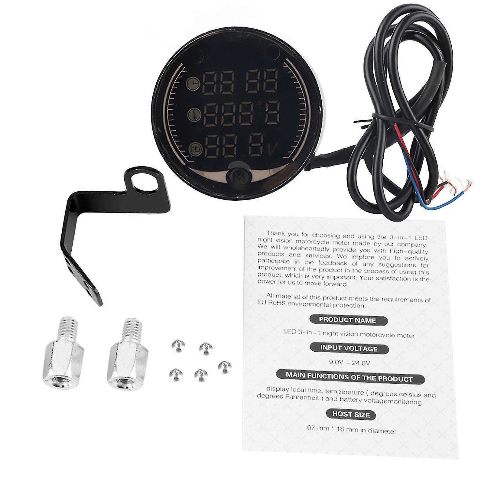 3-in-1 Motorcycle Digital Thermometer Voltmeter Clock Gauge