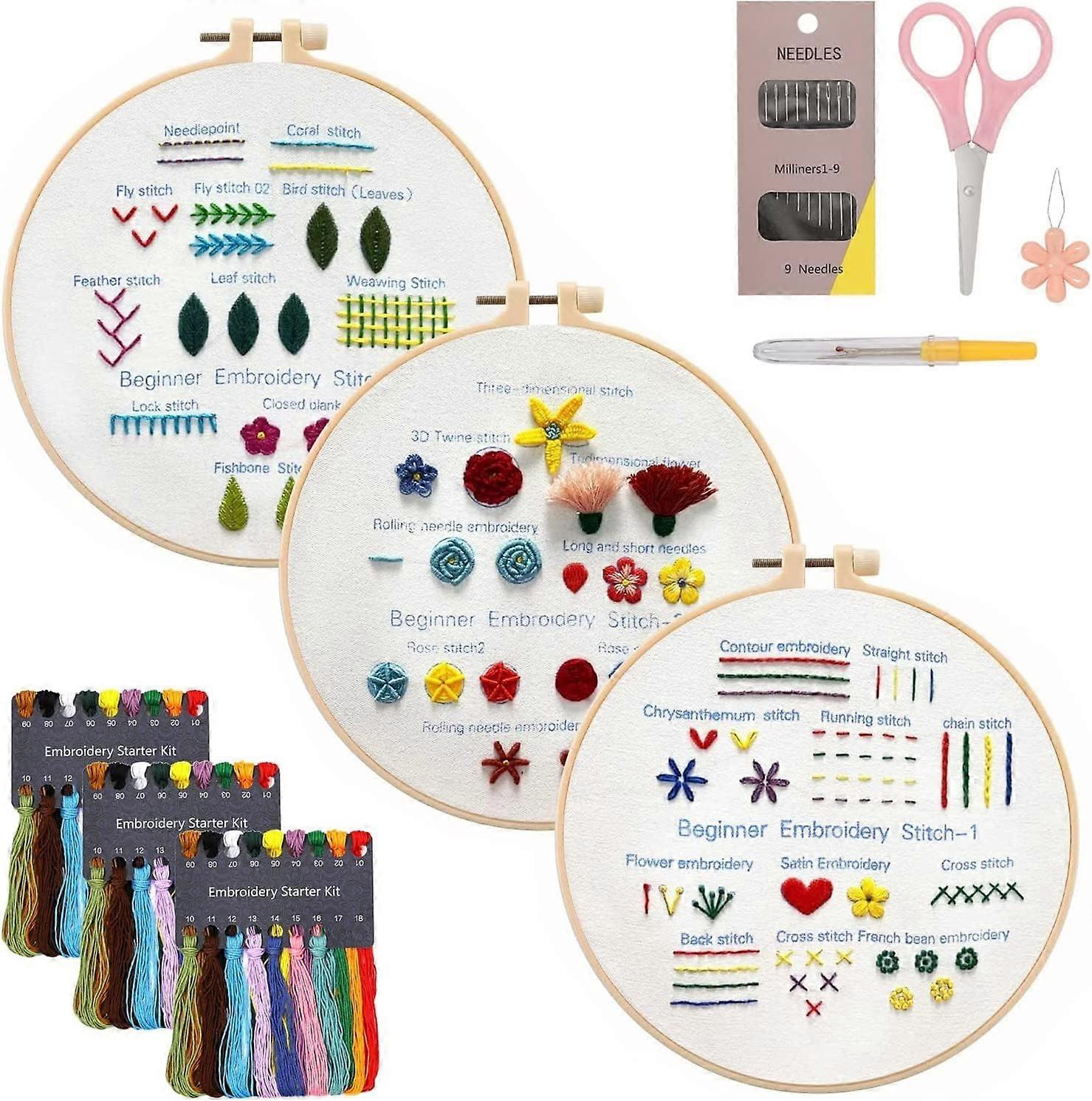 3 Sets Embroidery Beginner Kits, Embroidery Stitch Practice Kit for Hand Craft Lover, Starters Cross Stitch Kits with Tools & Instruction for Beginner