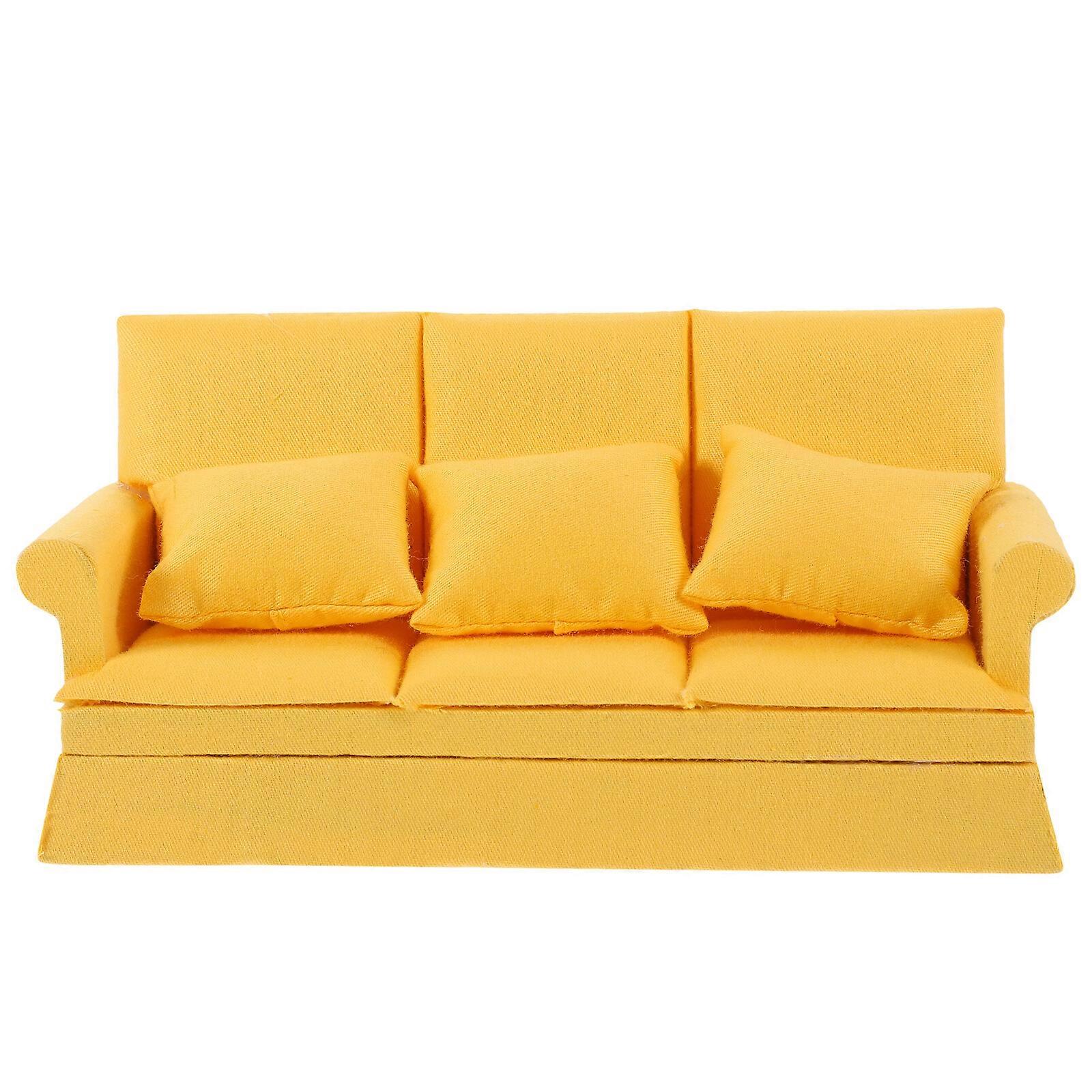 1 Set Doll House Miniature Sofa Model Sofa Prop Couch Decoration with Throw Pillow