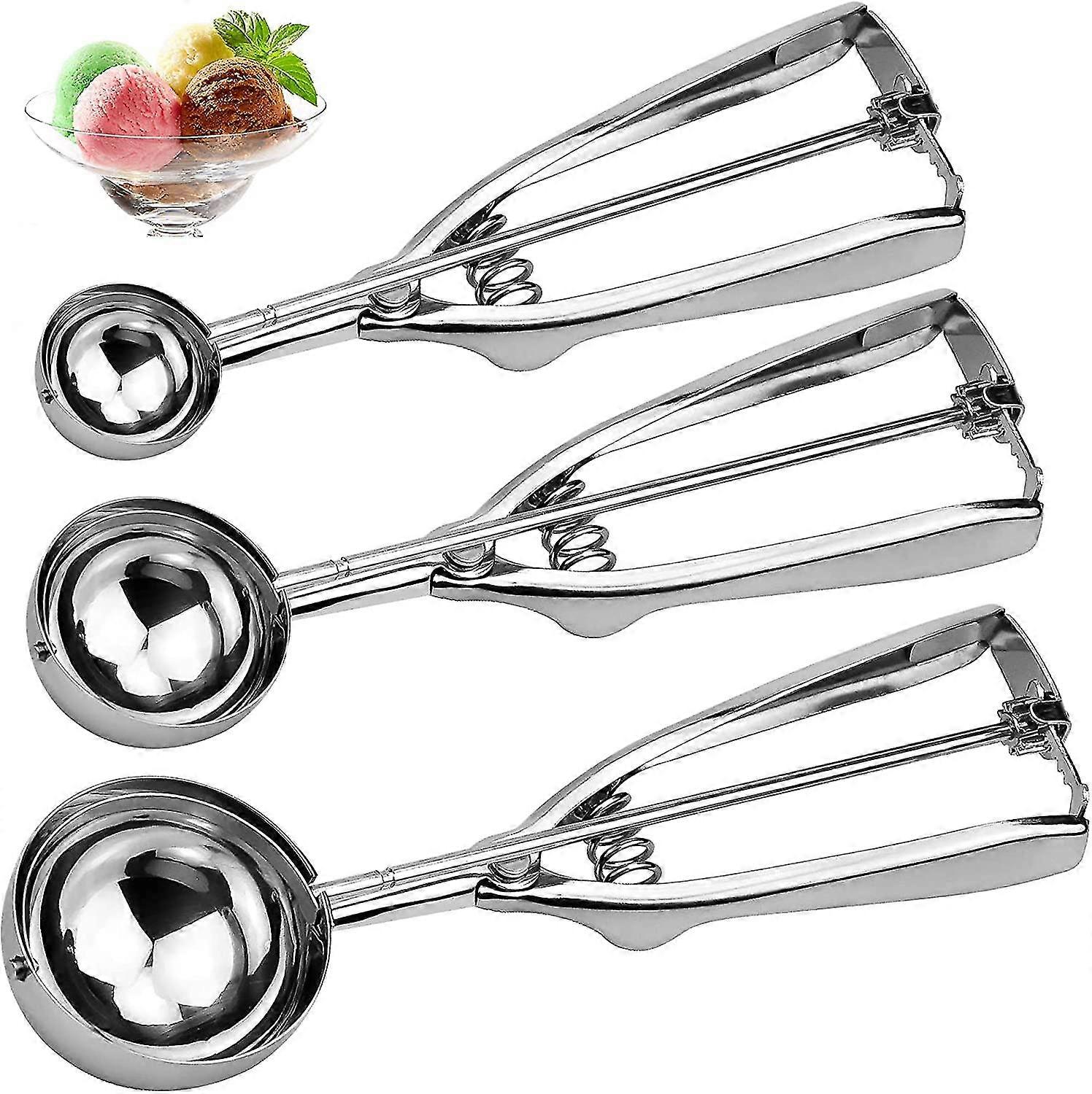 3pcs Stainless Steel Ice Cream Scoop Cookie Scoop Melon Ball With Trigger Mashed Potato Scoop Cupcake Scoop Yogurt Scoop Ice Cream Cookie Cake