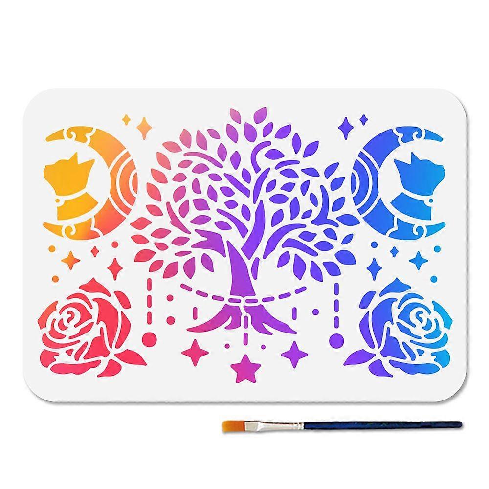 1Pc PET Hollow Out Drawing Painting Stencils for DIY Scrapbook Photo Album with 1Pc Art Paint Brushes Tree 210x297mm