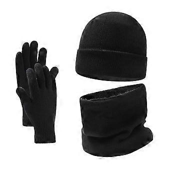 Winter Hat Gloves Neck Warmer Scarf Wrap 3Pcs/Set for Cold Weather Women Men Black