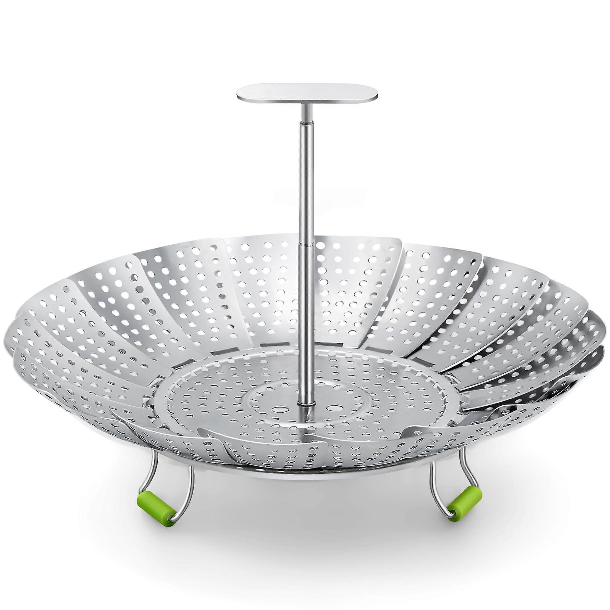 Third generation stainless steel steamer folds and expands 5.5 to 9 inches