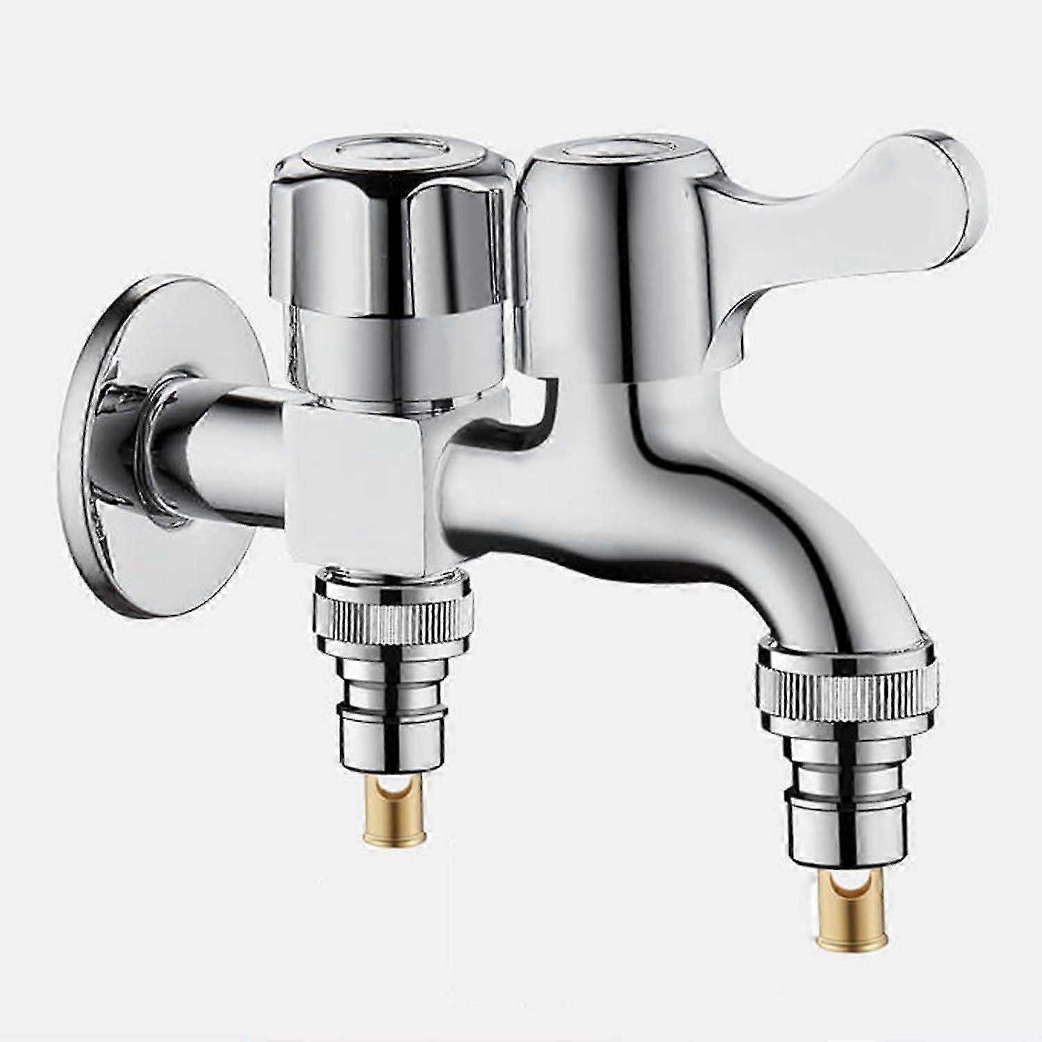 Double Faucet for Washing Machine Wall Mounted One In Two Out Brass Double Outlet Faucet Washing Machine and Dishwasher, Silver