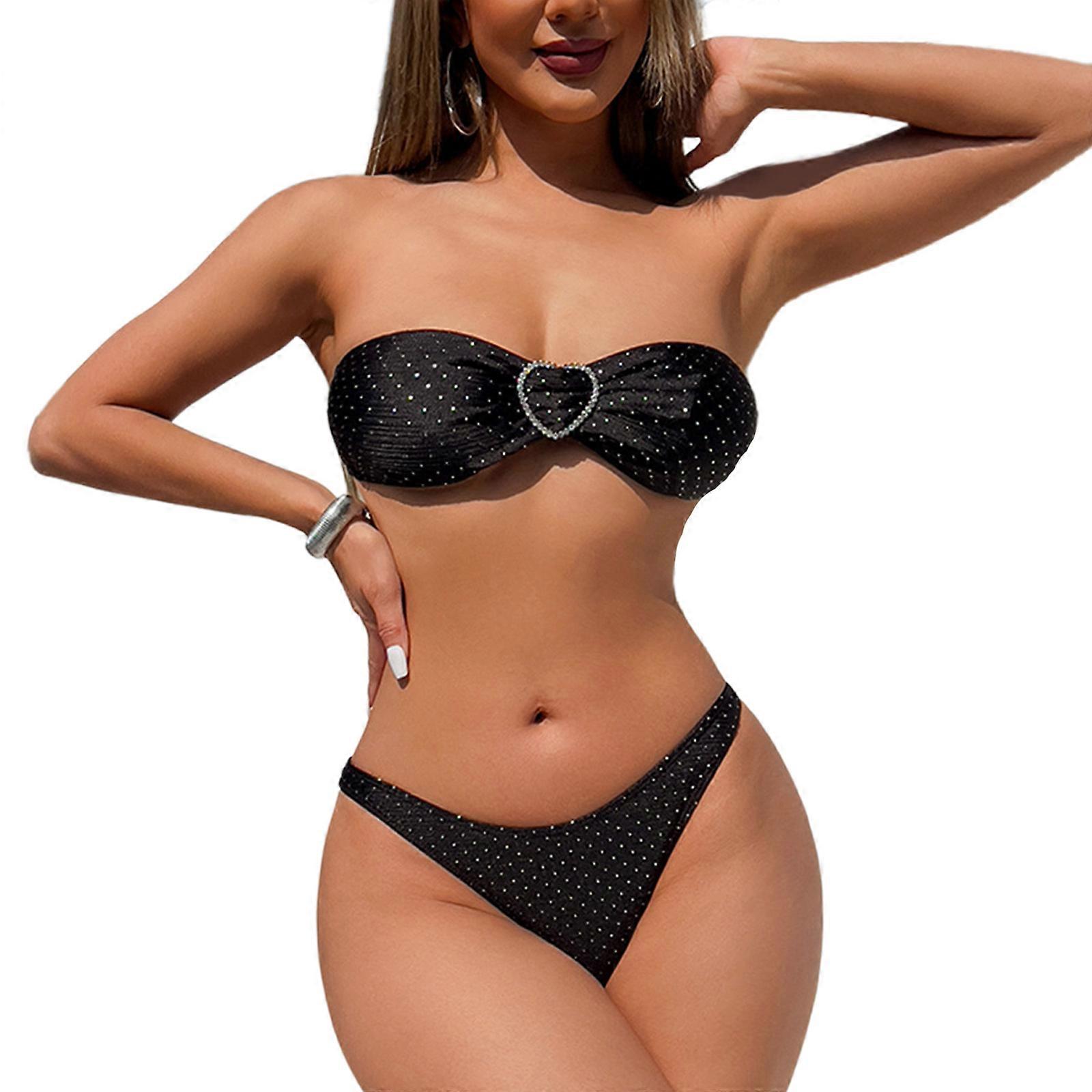 Women 2Pieces Bathing Suit Strapless Highly Waist Solid Tube Top