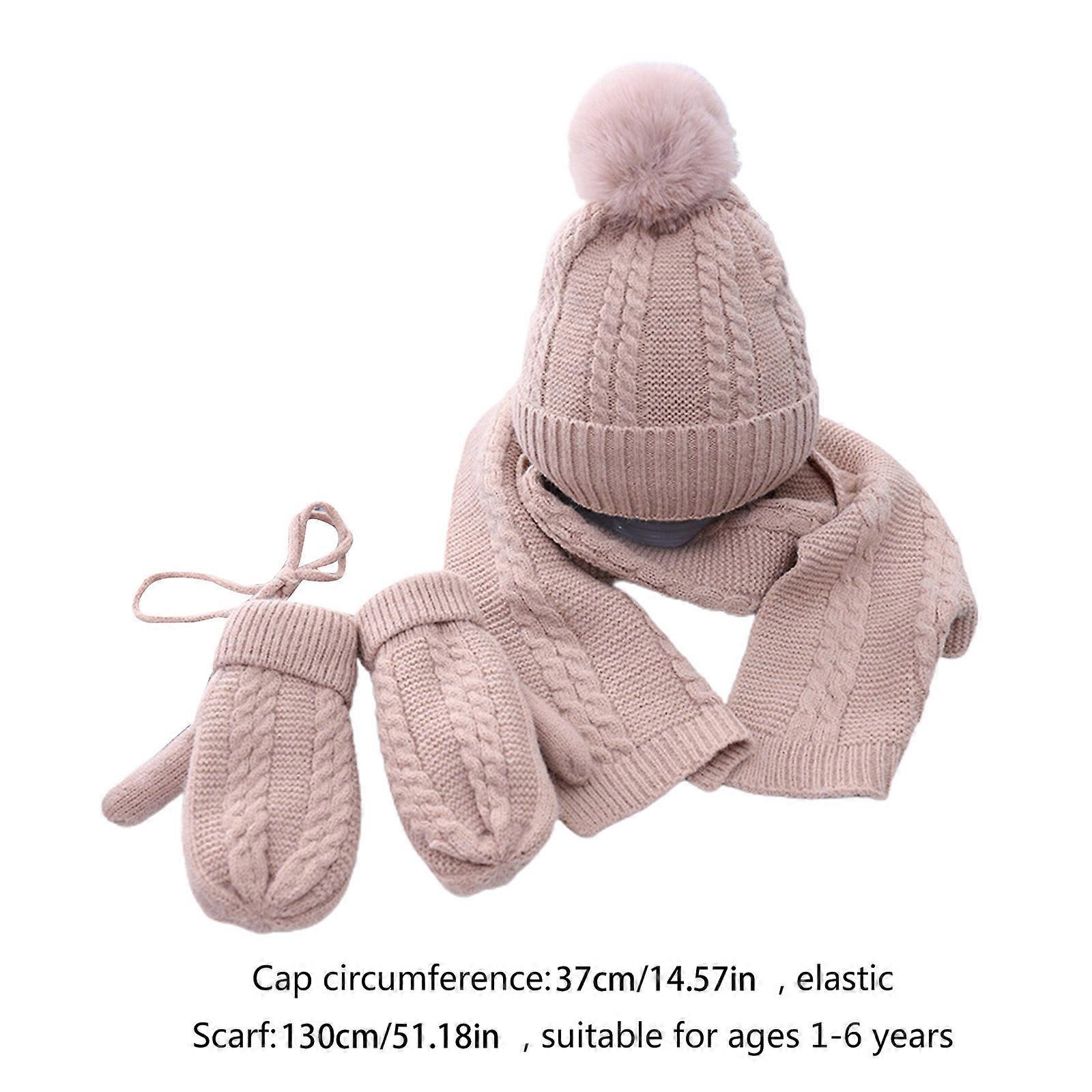 Winter Beanie Hat Long Scarf Gloves with String Set for Kids Pompom Cuffed Skullcap Mittens with Warm Knit Fleece Lined Yellow