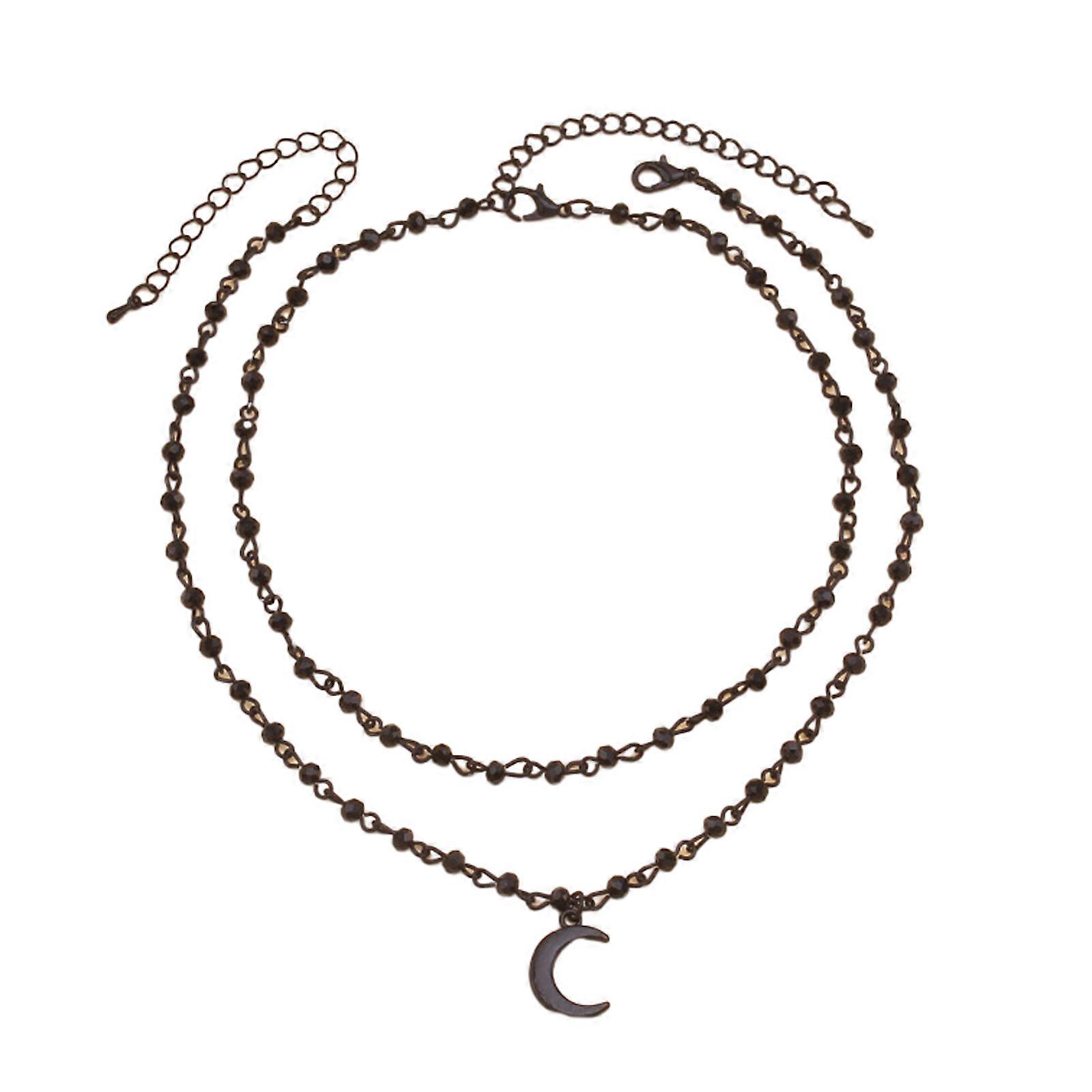 Stylish Double Layer Necklace Moon/Crucifix Pendant Clavicle Chains Adjustable Beaded Choker Ornament for Daily Wear