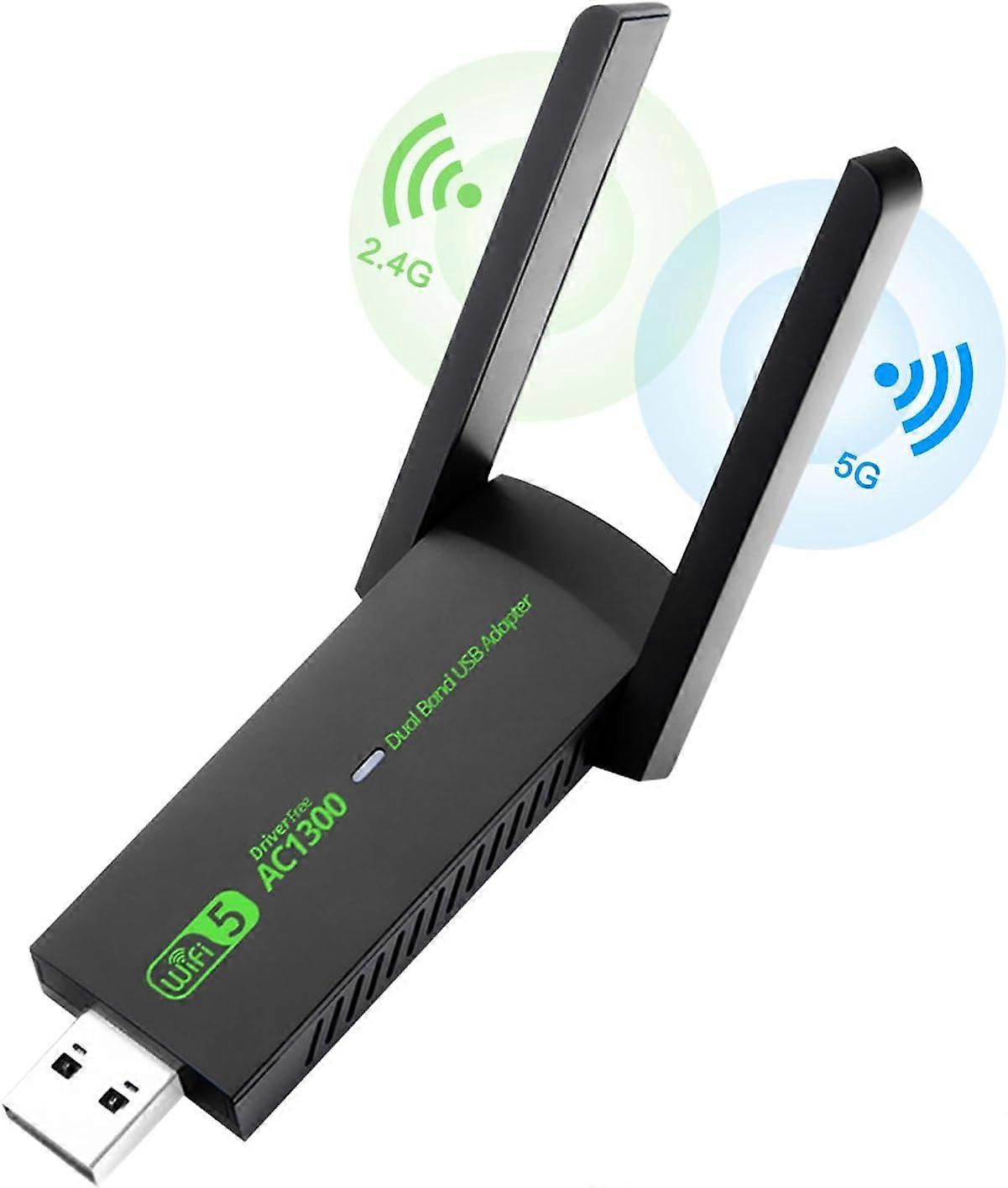 USB WiFi Adapter，AC1300Mbps Dual Band 5dBi High Gain Antenna 2.4GHz/ 5GHz Wireless Network Adapter for PC，Supports Windows /8/10/11
