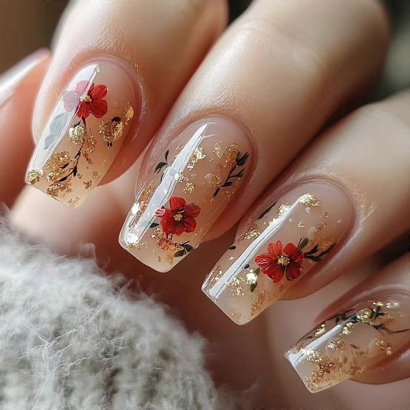 ネイルフラワーフェイクネイルスティックオンネイルスティックを12サイズでスクエアプレス、DIYネイルアートデコレーションマルチカラー用の24個フレンチネイルのヒント